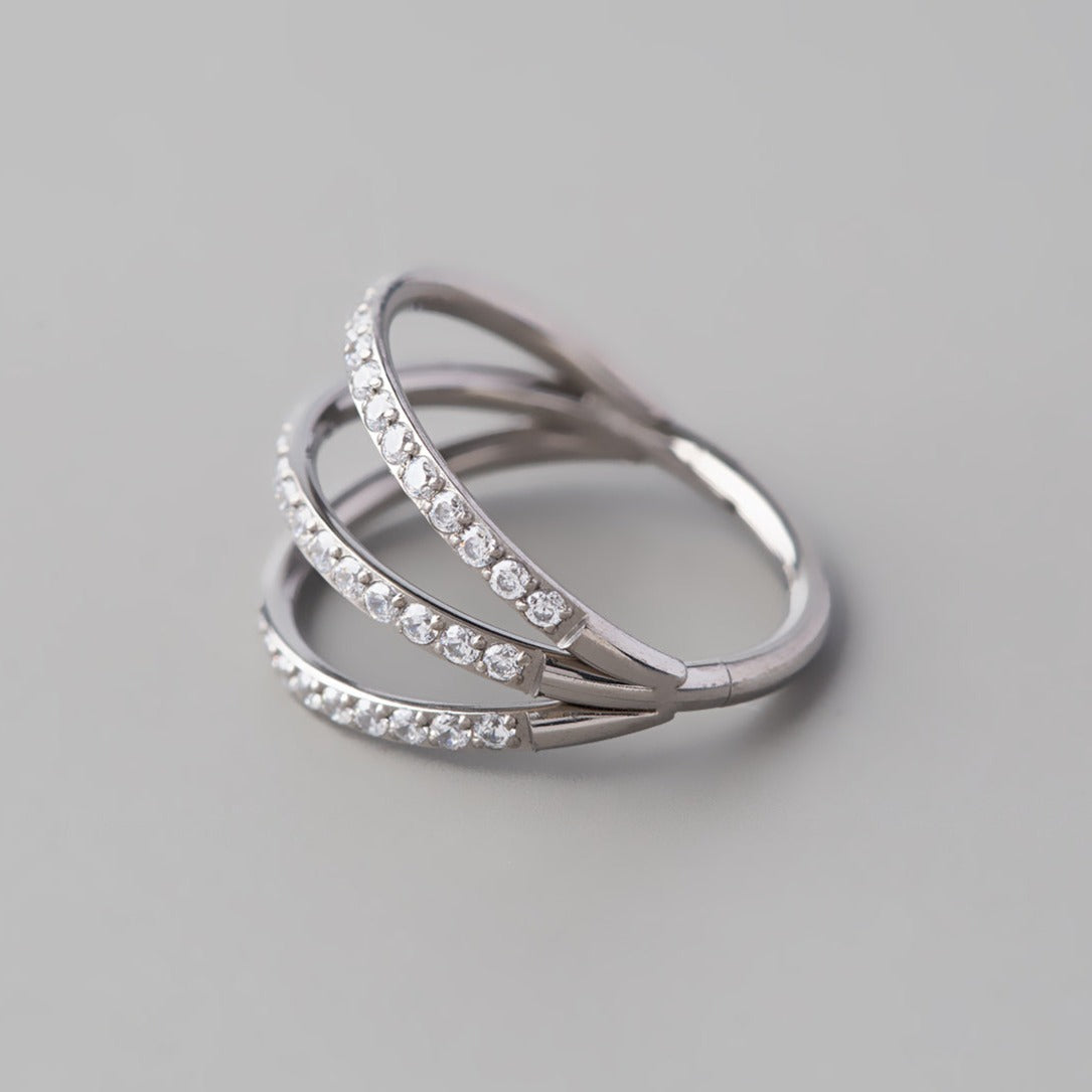 Hinged Segment Ring Triple Stack Clear CZ Faced in Silver - Titanium - Camden Body Jewellery