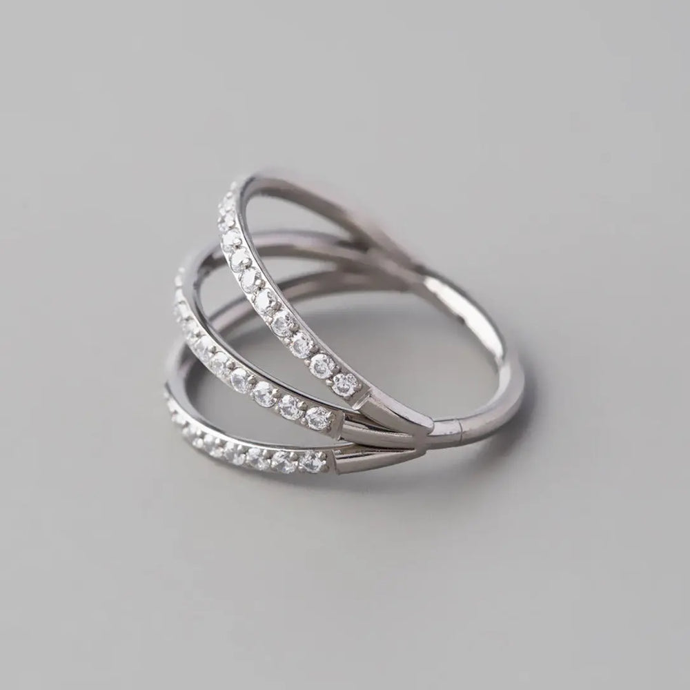 Hinged Segment Ring Triple Stack Clear CZ Faced in Silver - Titanium