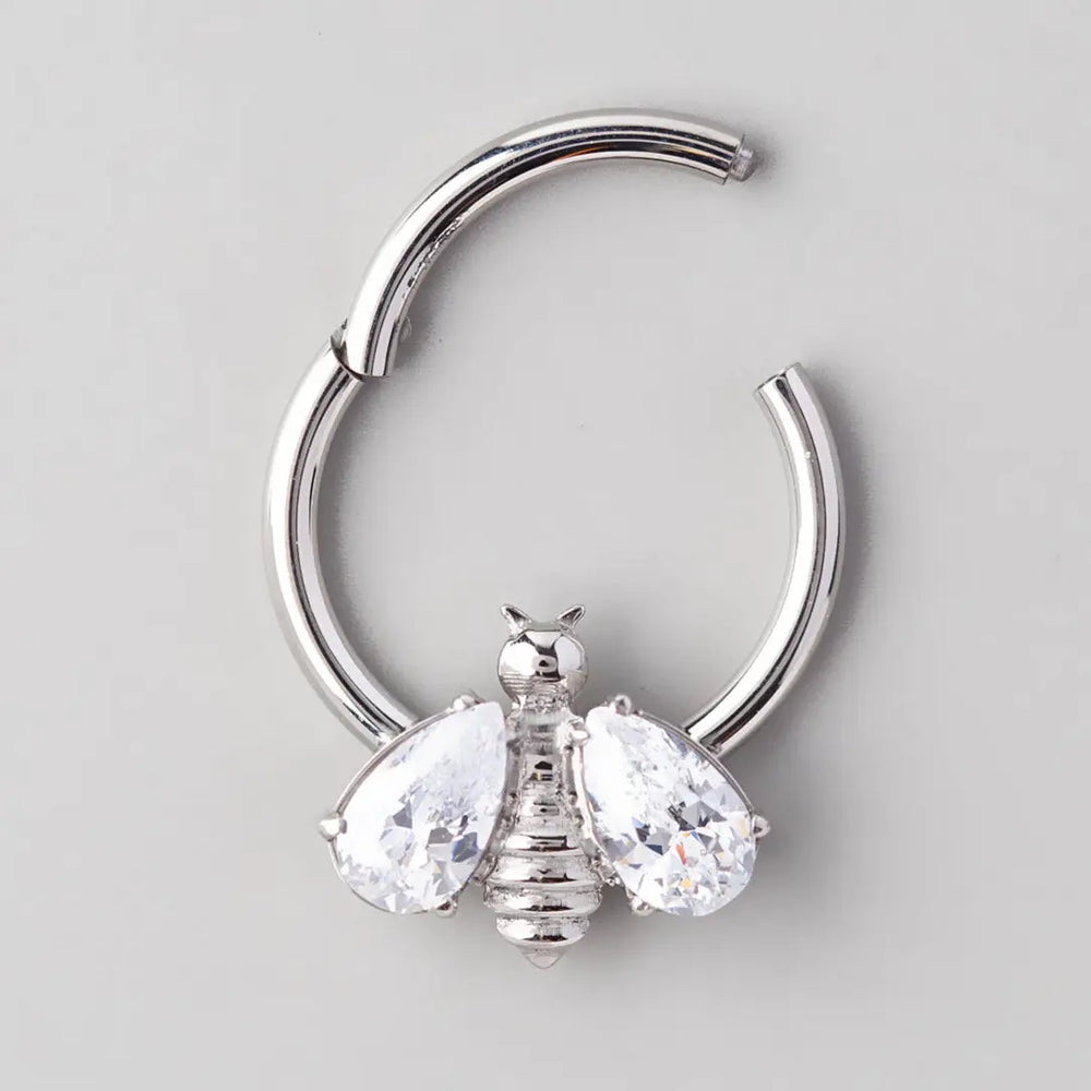 Hinged Segment Ring Bee CZ Wings in Clear Gem - Titanium