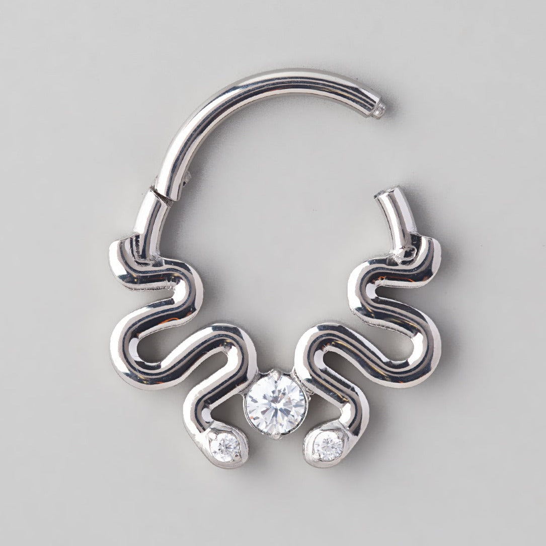 Hinged Segment Ring Double Snake Clear Gem Centre - Titanium - Camden Body Jewellery