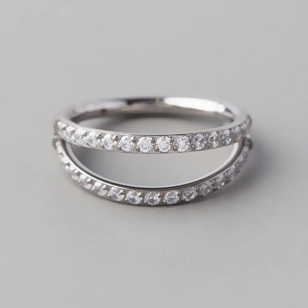 Hinged Segment Ring Double Stack CZ Faced in Silver - Titanium
