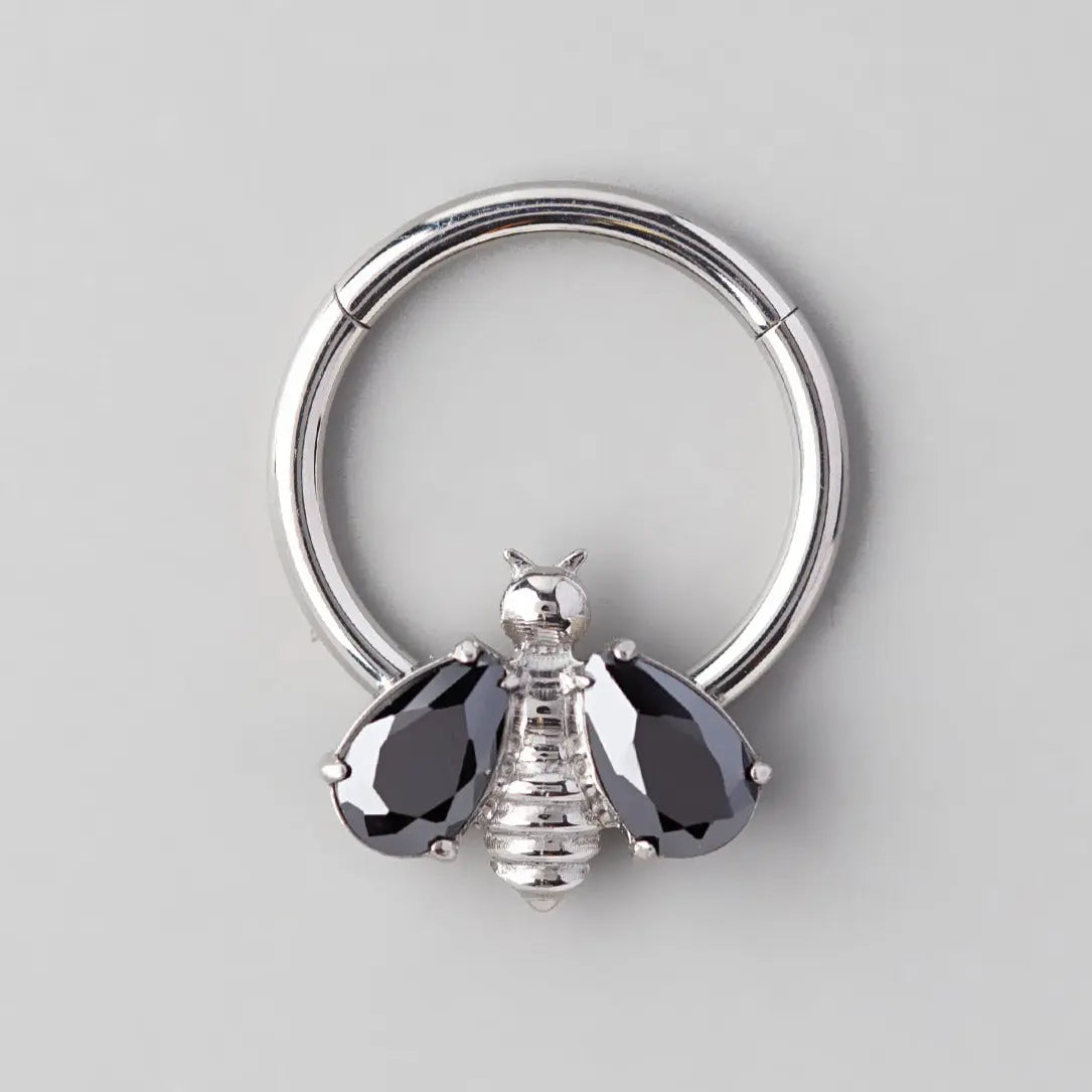Hinged Segment Ring Bee CZ Wings in Black Gem - Titanium - Camden Body Jewellery