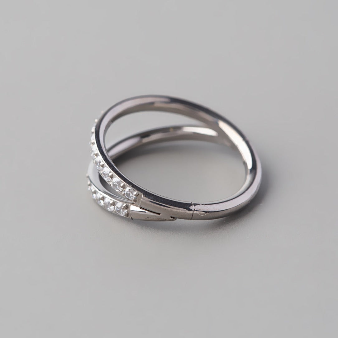 Hinged Segment Ring Double Stack CZ Faced in Silver - Titanium - Camden Body Jewellery