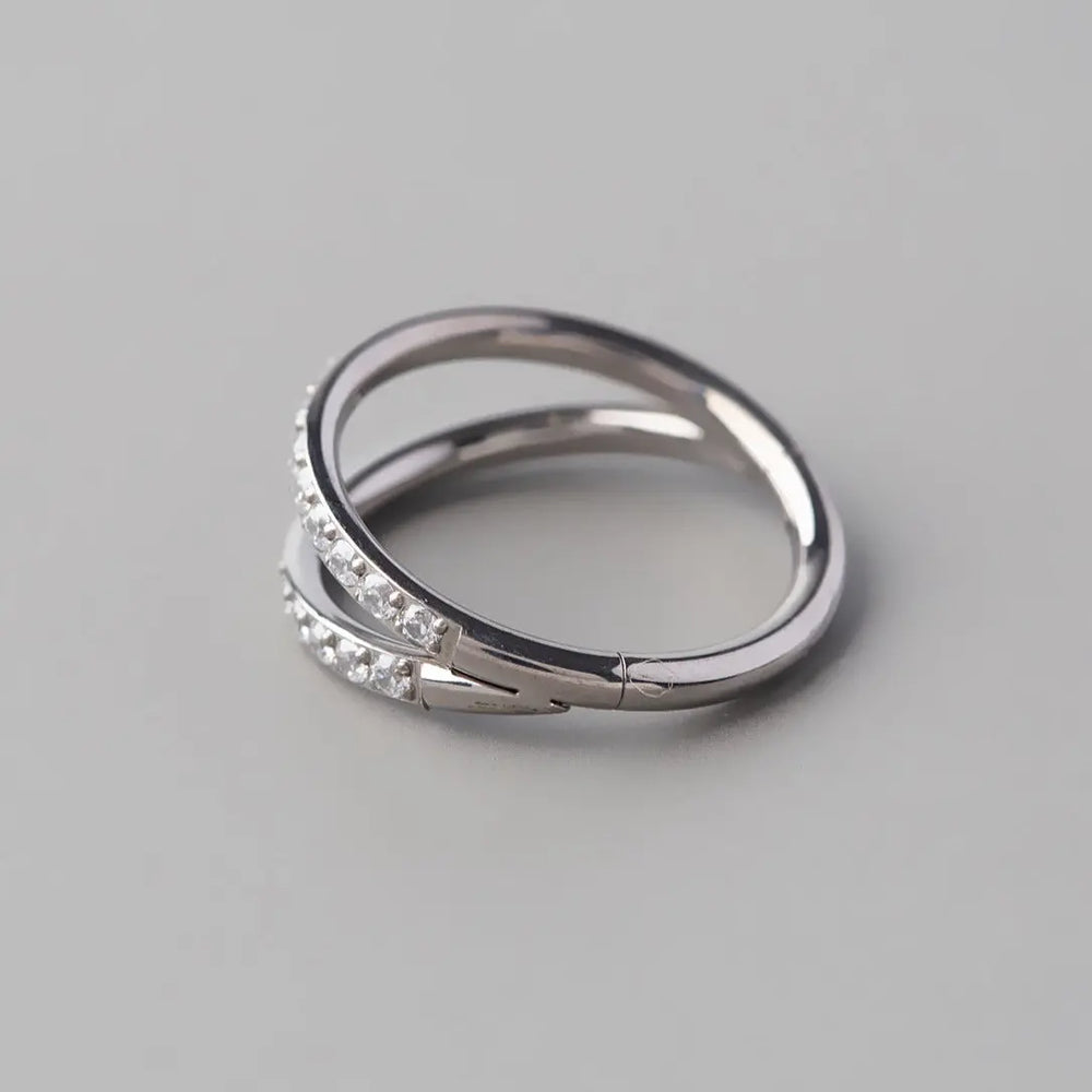 Hinged Segment Ring Double Stack CZ Faced in Silver - Titanium