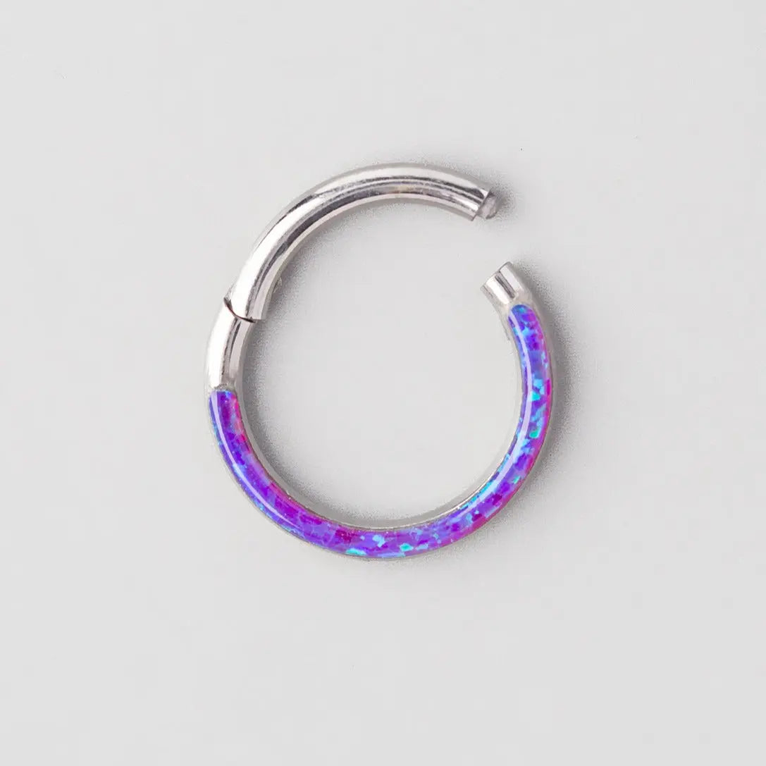 Hinged Segment Ring Front Face in Purple Opal Stone - Titanium - Camden Body Jewellery