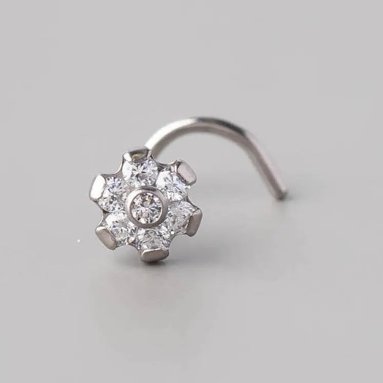 Screw Shape Nose Stud Six Flower CZ - Titanium