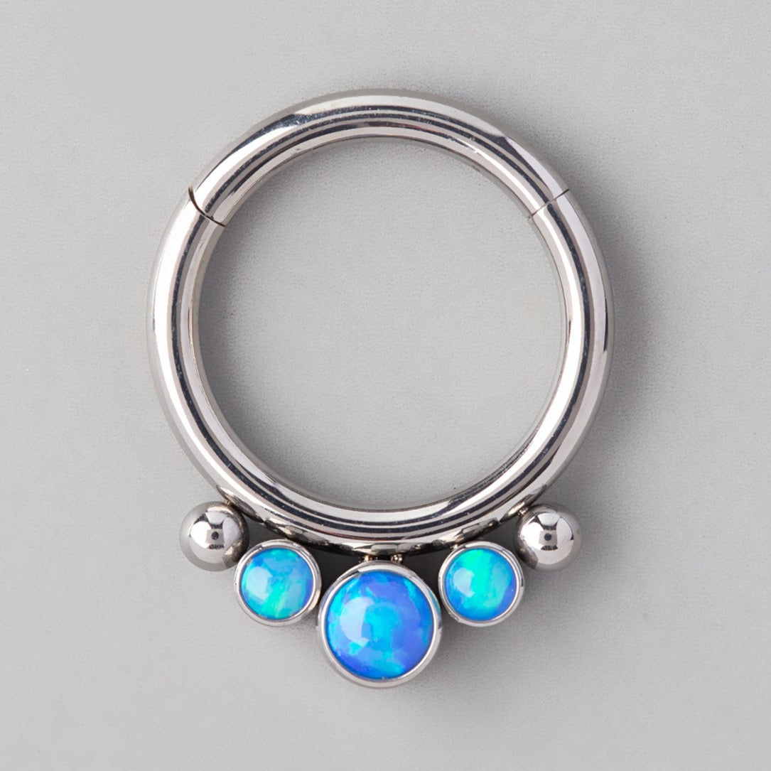 3 Blue Opal Gem 2 Beads Hinged Segment Hoop in Silver - Titanium - Camden Body Jewellery