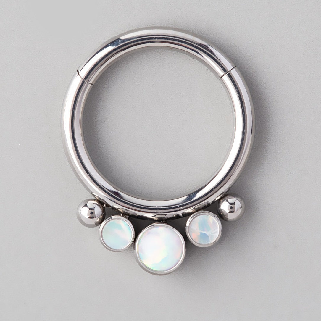 3 White Opal Gem 2 Beads Hinged Segment Hoop in Silver - Titanium - Camden Body Jewellery