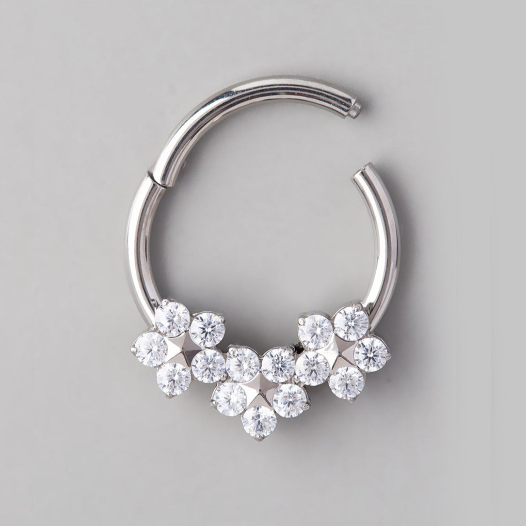 3 CZ Flowers 3D Point Segment Hoop in Silver - Titanium - Camden Body Jewellery