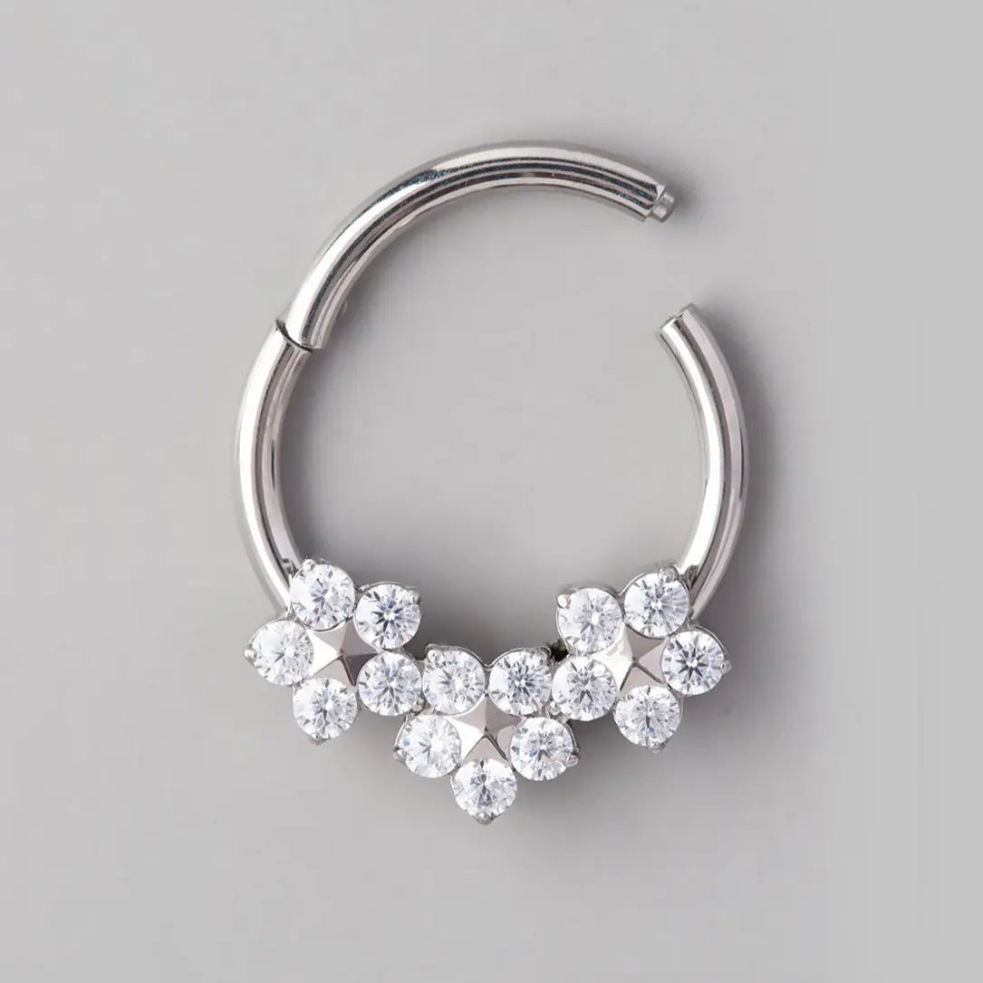 3 CZ Flowers 3D Point Segment Hoop in Silver - Titanium - Camden Body Jewellery