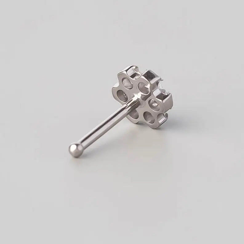 Straight Nose Stud Six Flower CZ - Titanium