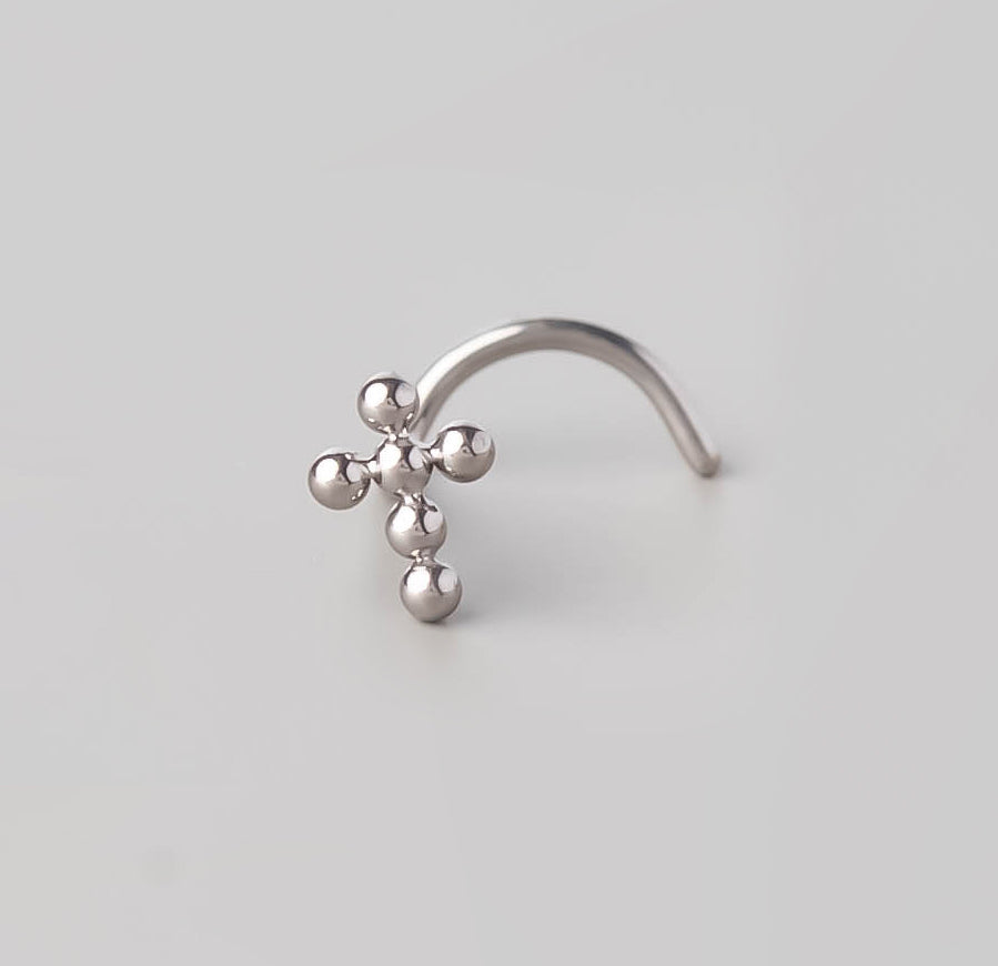 Screw Shape Ball Weld Cross Top Nose Stud in Silver - Titanium - Camden Body Jewellery