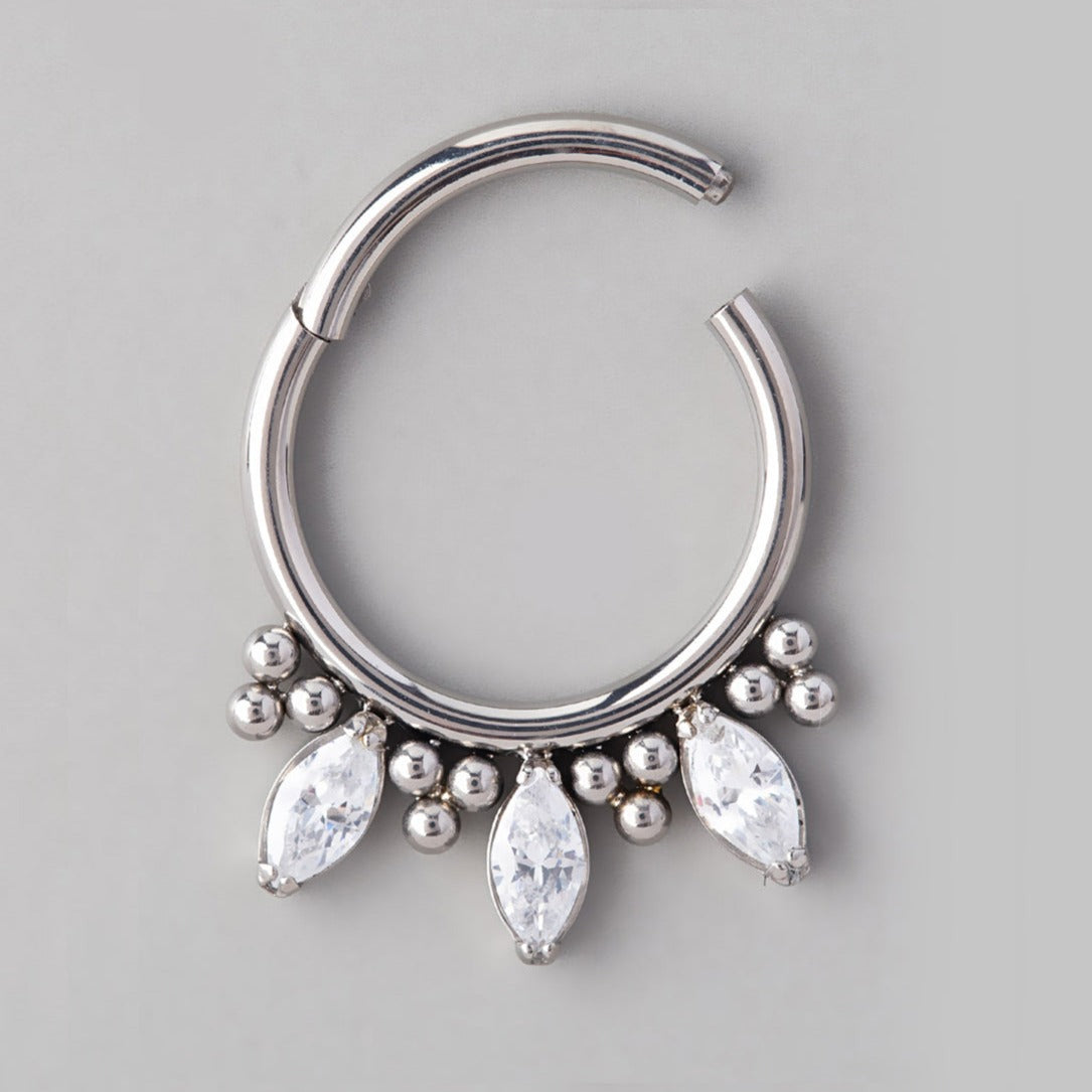 Triple Marquise Crystal Blaze Set Segment Hoop in Silver - Titanium - Camden Body Jewellery