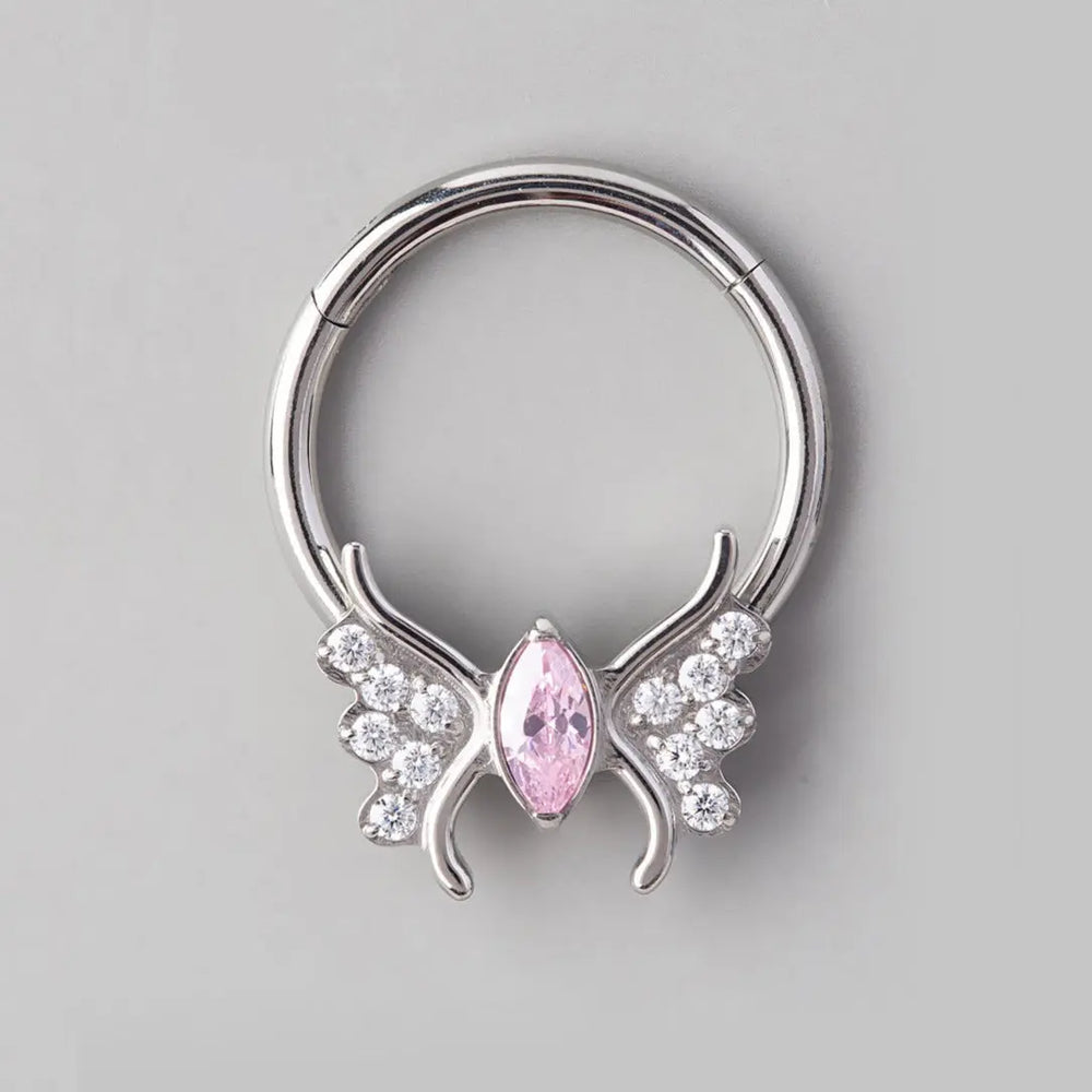 Butterfly Pink CZ Body Segment Hoop in Silver - Titanium