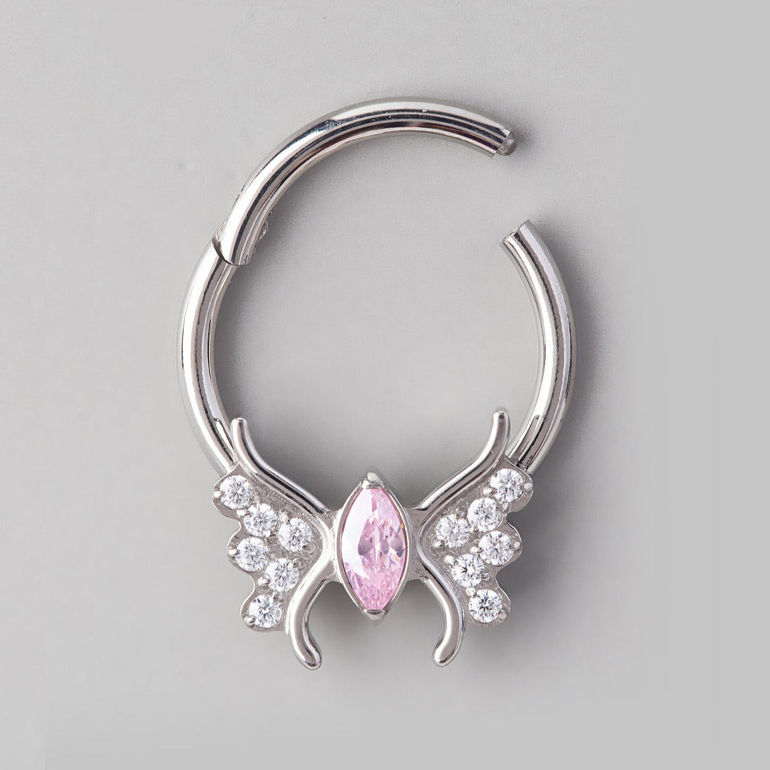 Butterfly Pink CZ Body Segment Hoop in Silver - Titanium - Camden Body Jewellery