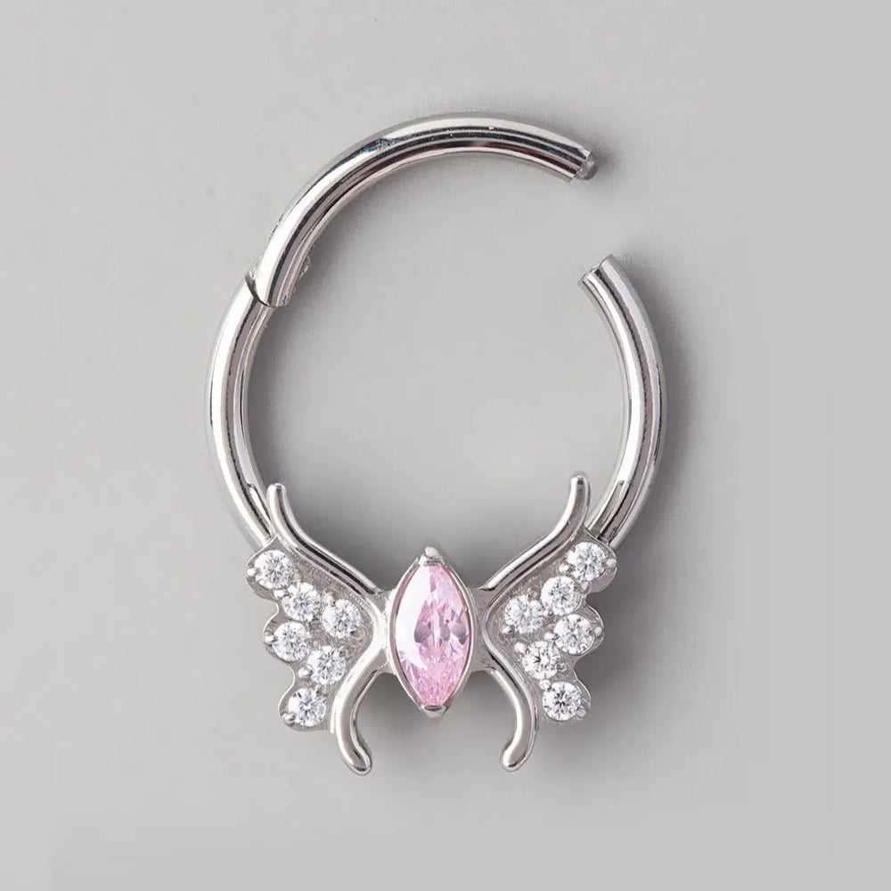Butterfly Pink CZ Body Segment Hoop in Silver - Titanium