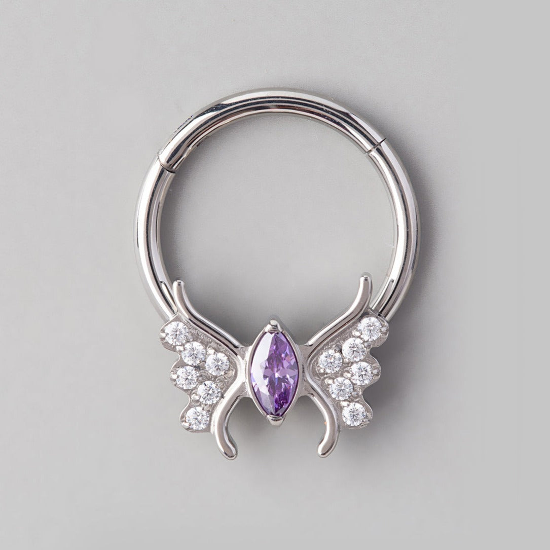 Butterfly Amethyst CZ Body Segment Hoop in Silver - Titanium - Camden Body Jewellery