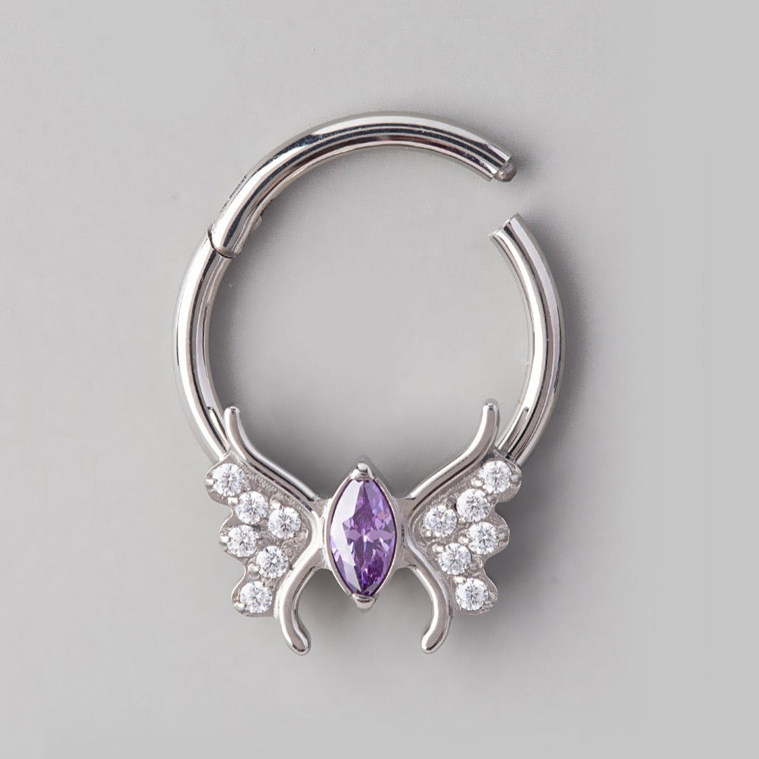 Butterfly Amethyst CZ Body Segment Hoop in Silver - Titanium - Camden Body Jewellery