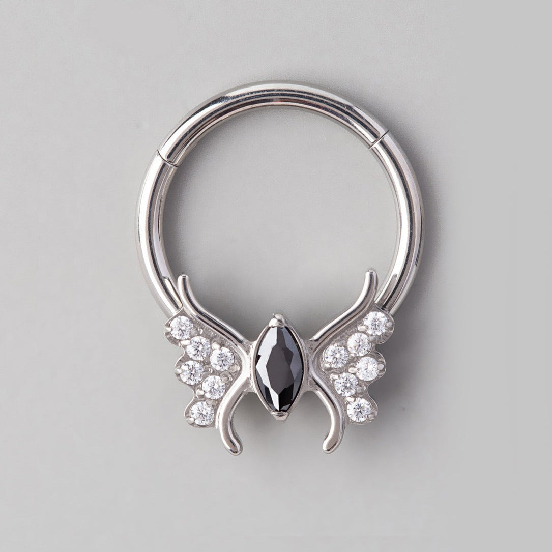 Butterfly Black CZ Body Segment Hoop in Silver - Titanium - Camden Body Jewellery