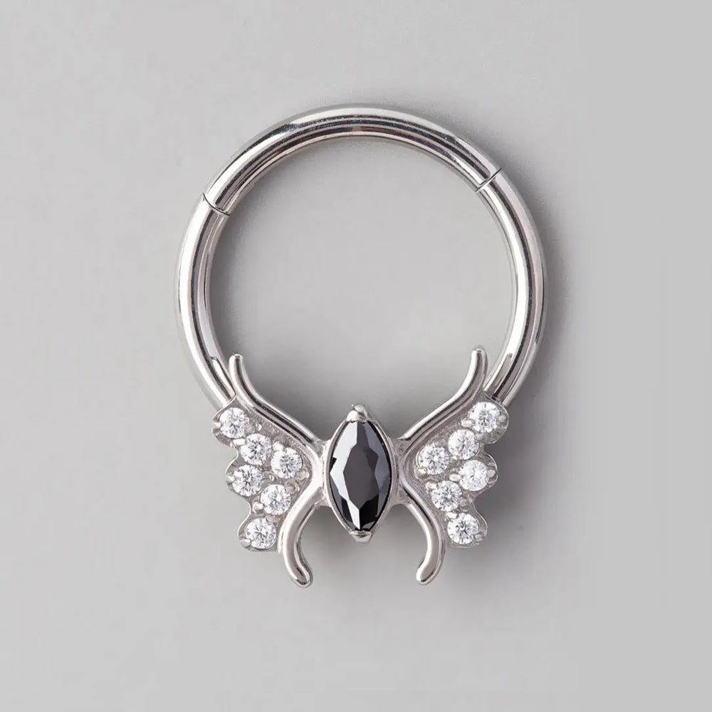 Butterfly Black CZ Body Segment Hoop in Silver - Titanium