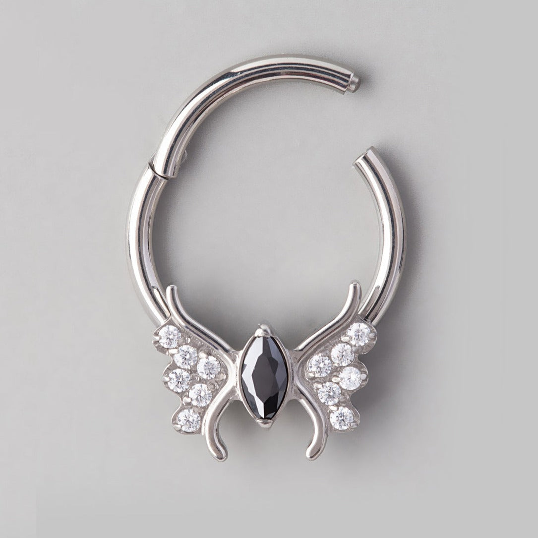 Butterfly Black CZ Body Segment Hoop in Silver - Titanium - Camden Body Jewellery