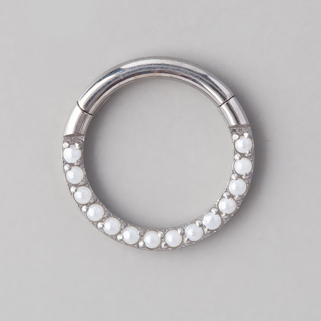 Front Face Pearl Paved Face Segment Hoop in Silver - Titanium - Camden Body Jewellery