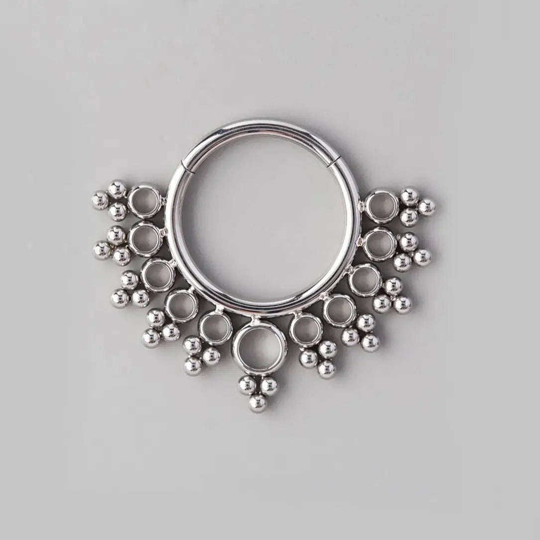 O-Ring Clustered Tribal Beads Segment Hoop in Silver - Titanium - Camden Body Jewellery