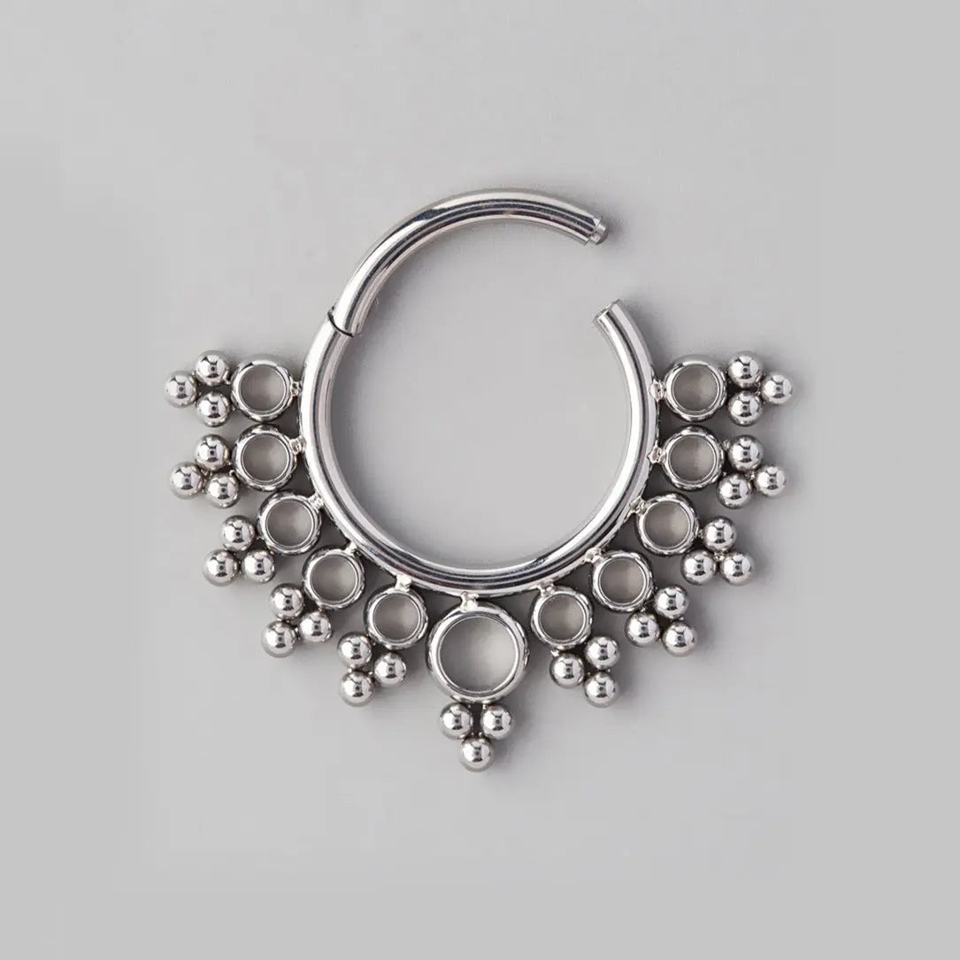 O-Ring Clustered Tribal Beads Segment Hoop in Silver - Titanium - Camden Body Jewellery