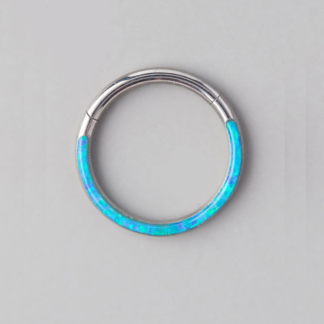 Hinged Segment Ring Front Face in Blue Opal Stone - Titanium - Camden Body Jewellery