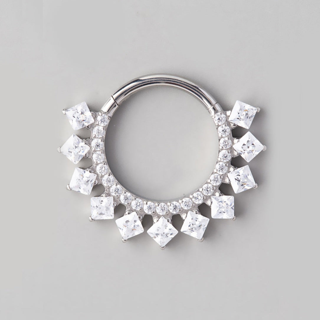 CZ Paved Face Square CZ Surround Segment Hoop in Silver  - Titanium - Camden Body Jewellery