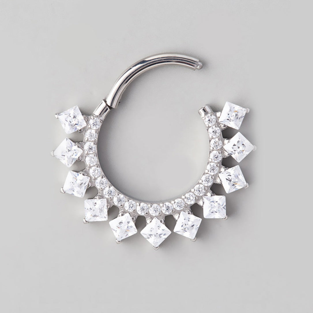 CZ Paved Face Square CZ Surround Segment Hoop in Silver  - Titanium - Camden Body Jewellery