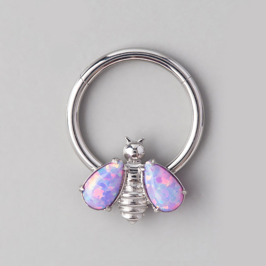 Bee Pink Opal Stone Wings Top Segment Hoop in Silver - Titanium - Camden Body Jewellery