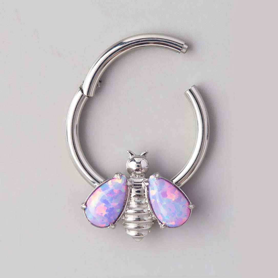 Bee Pink Opal Stone Wings Top Segment Hoop in Silver - Titanium - Camden Body Jewellery