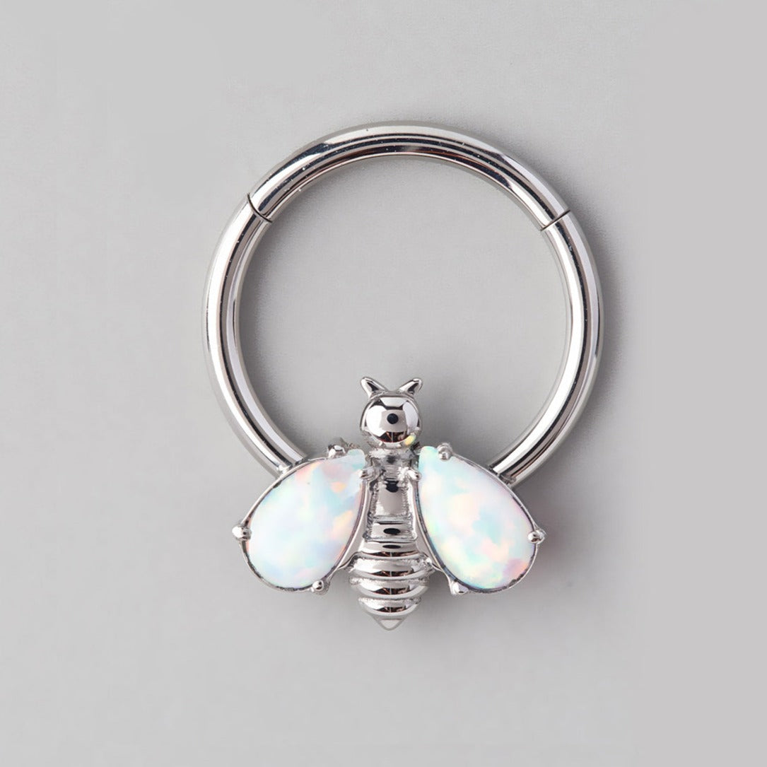 Bee White Opal Stone Wings Top Segment Hoop in Silver - Titanium - Camden Body Jewellery