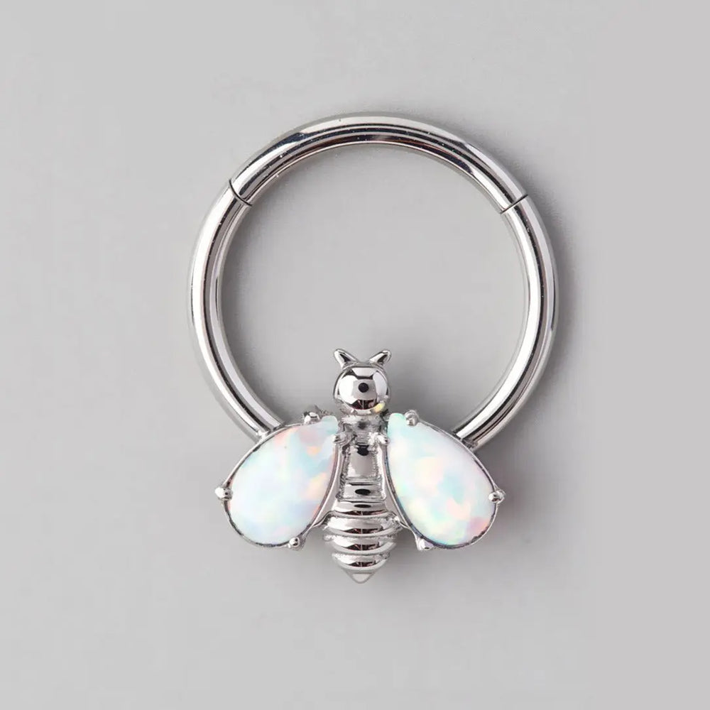Bee White Opal Stone Wings Top Segment Hoop in Silver - Titanium