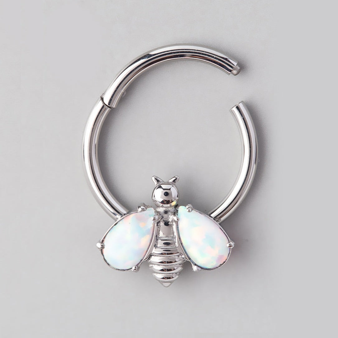 Bee White Opal Stone Wings Top Segment Hoop in Silver - Titanium - Camden Body Jewellery