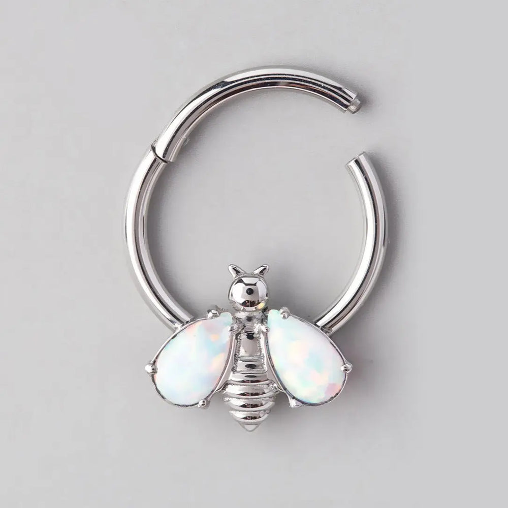 Bee White Opal Stone Wings Top Segment Hoop in Silver - Titanium