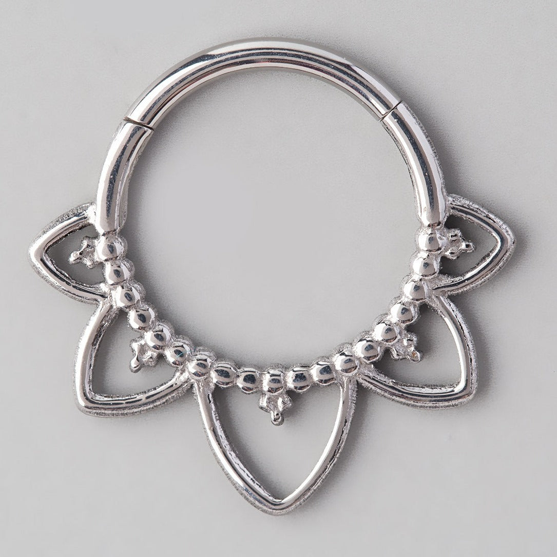 Hinged Segment Ring Floral Face in Silver - Titanium - Camden Body Jewellery