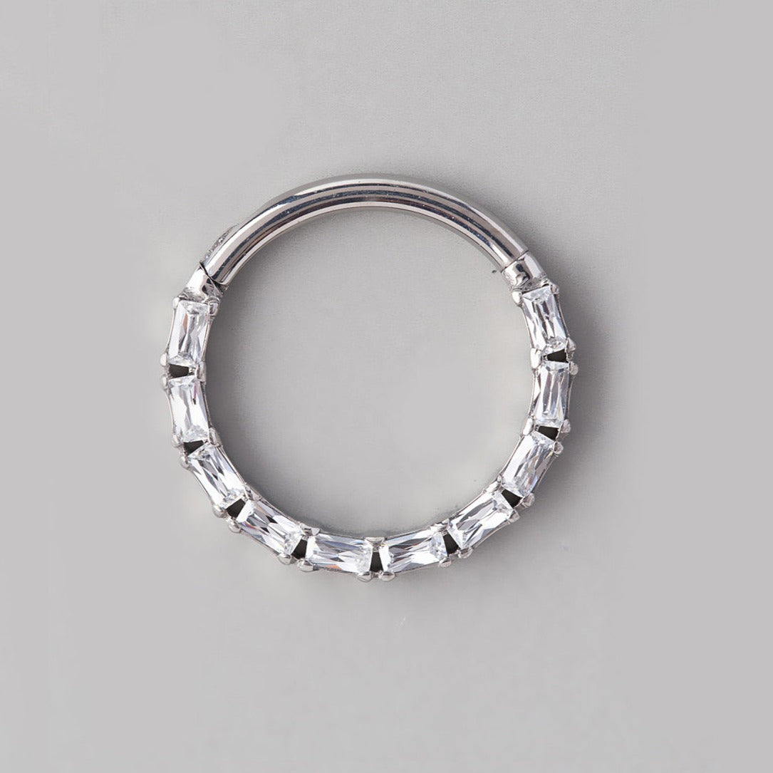 Ring Lined Baguette CZ Pave Face Segment Hoop in Silver - Titanium - Camden Body Jewellery