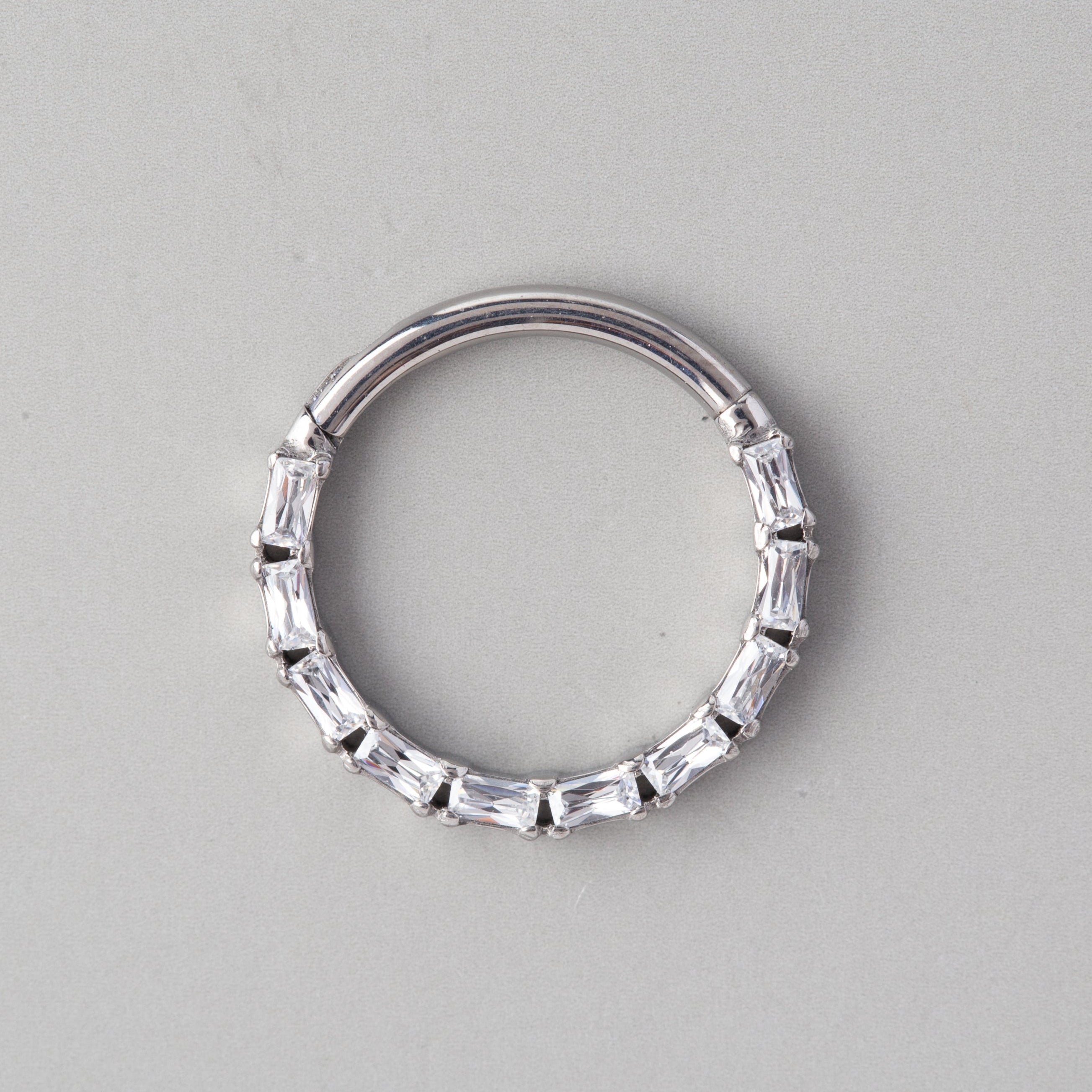 Ring Lined Baguette CZ Pave Face Segment Hoop in Silver - Titanium - Camden Body Jewellery