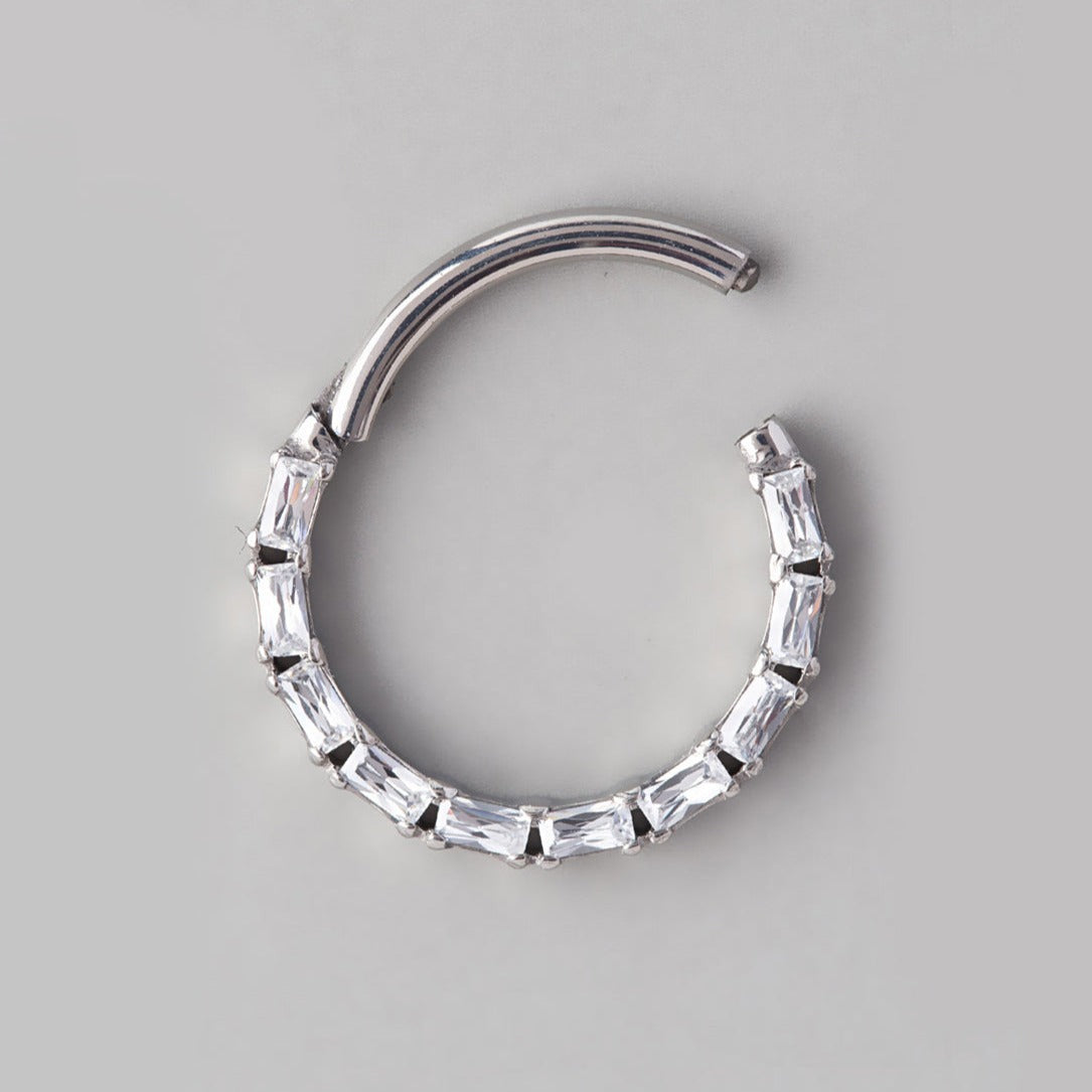 Ring Lined Baguette CZ Pave Face Segment Hoop in Silver - Titanium - Camden Body Jewellery