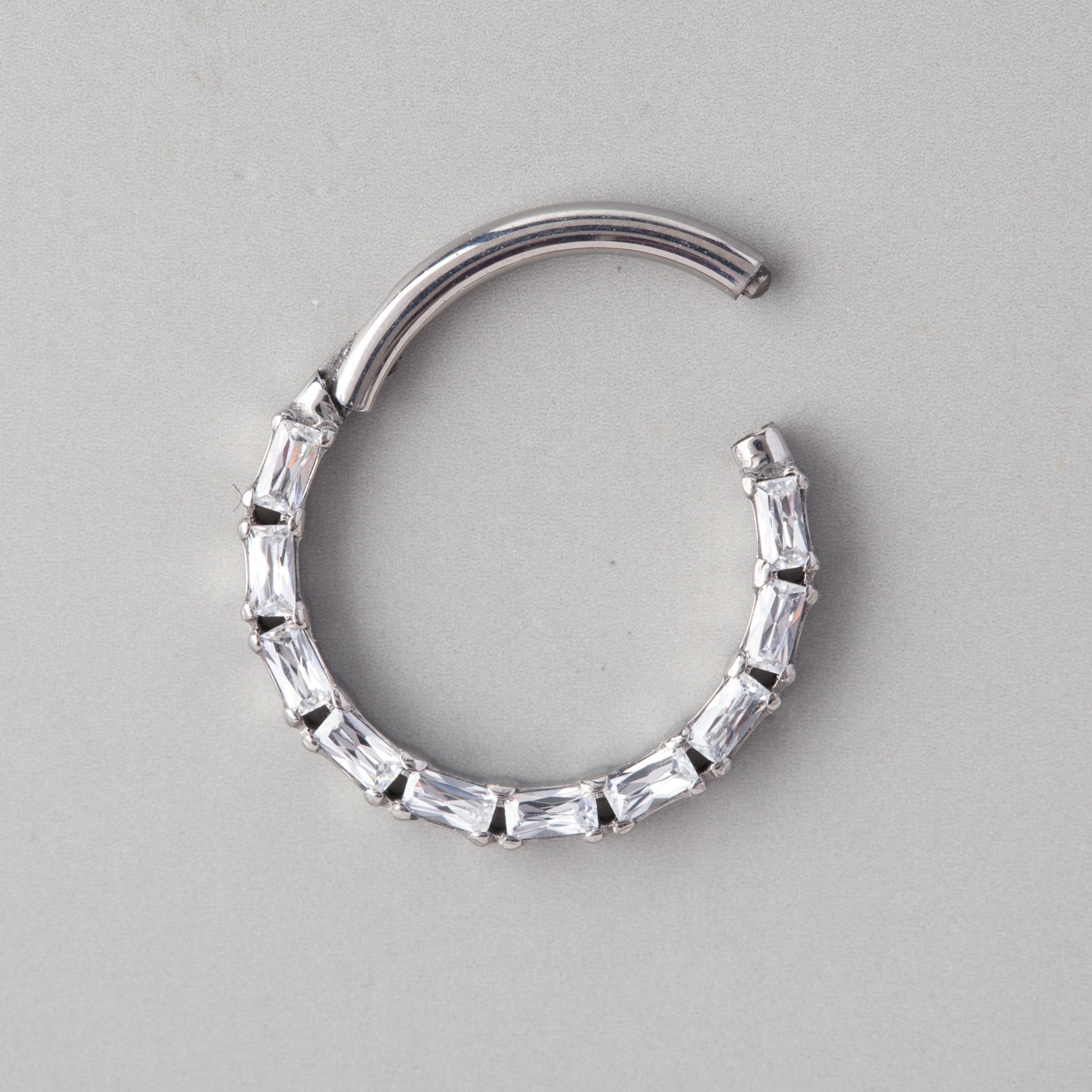 Ring Lined Baguette CZ Pave Face Segment Hoop in Silver - Titanium - Camden Body Jewellery