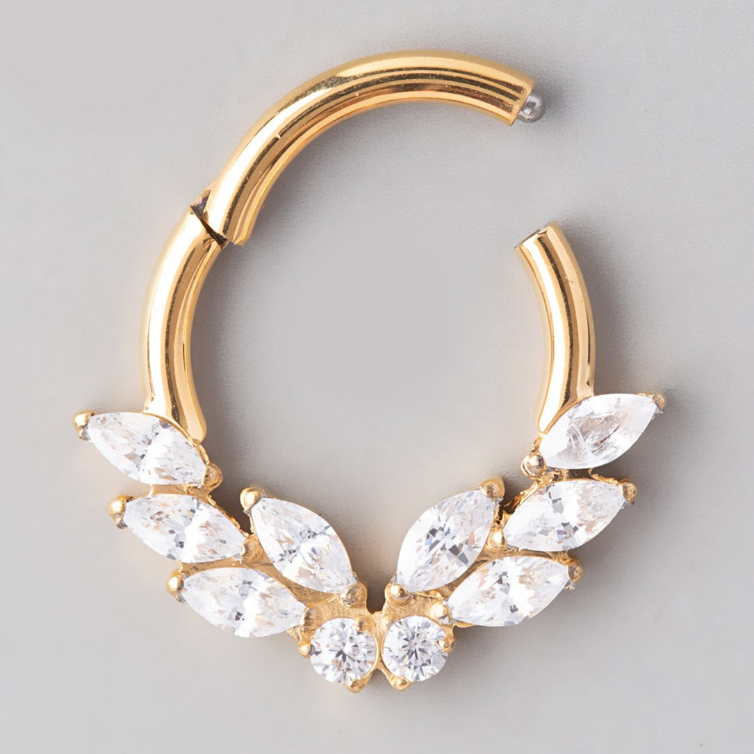 CZ ButterFly Centre 3 Marquise CZ Segment Hoop in Gold - Titanium - Camden Body Jewellery