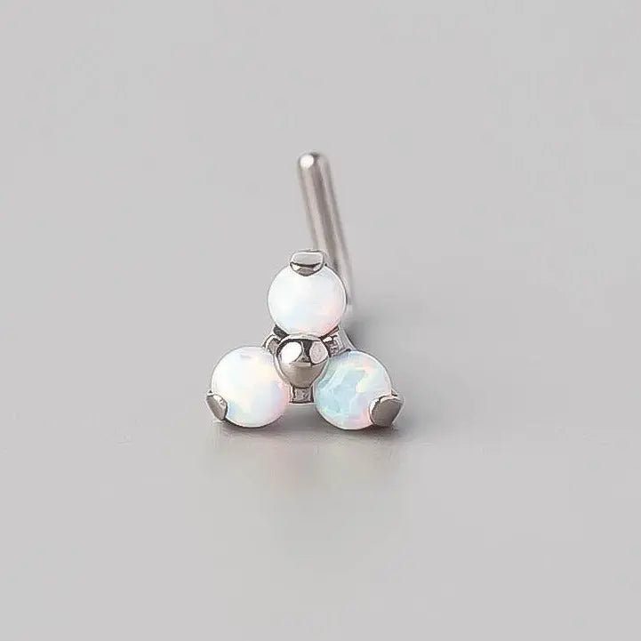 L-Shape Triple Stone Nose Stud in White Opal - Titanium