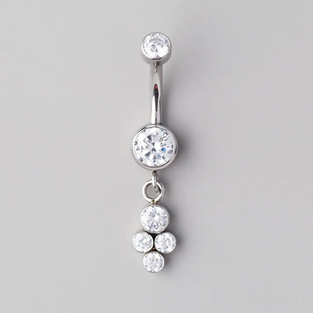 Bezel Set 4 CZ Dangle Belly Bar - Titanium