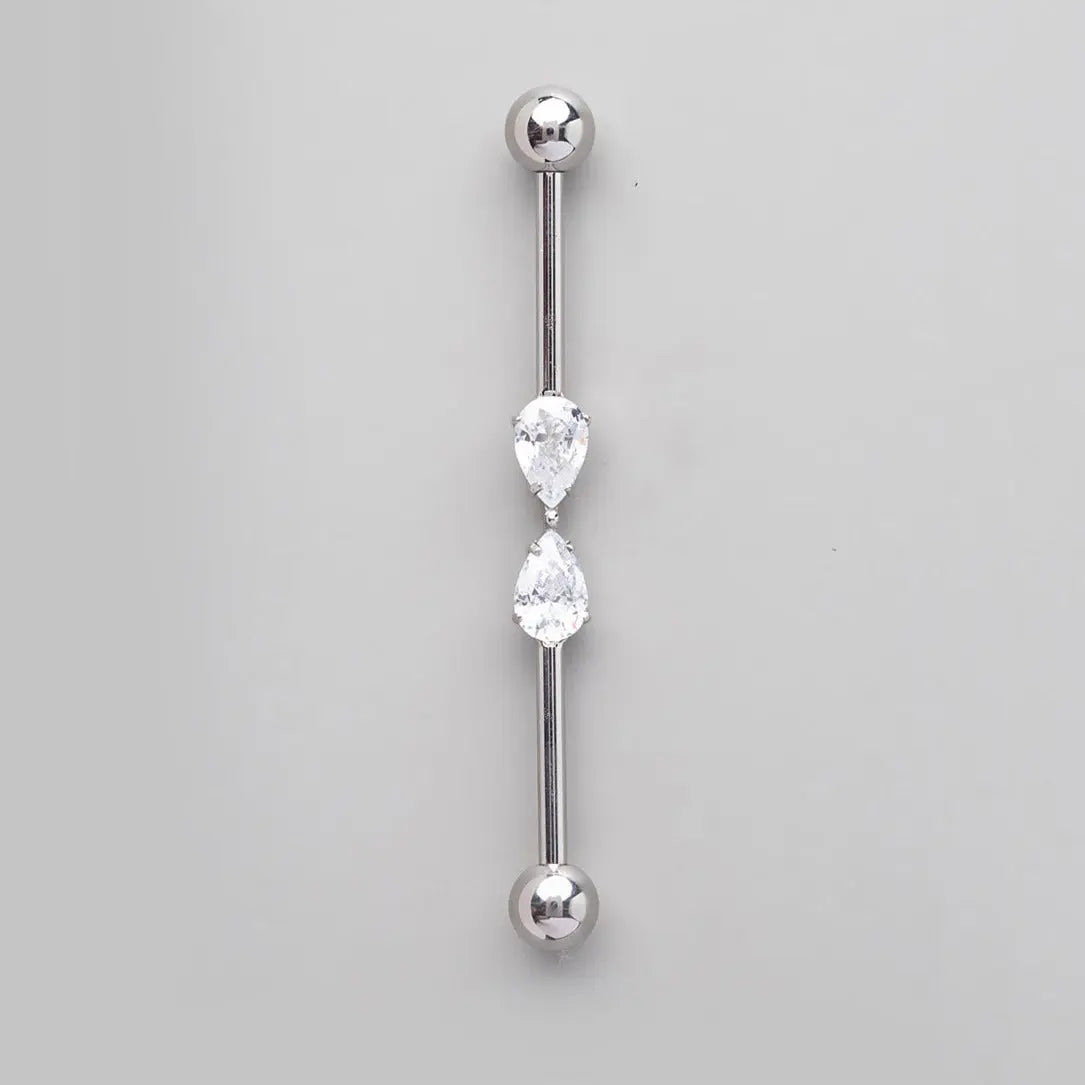 Industrial Barbell Set 2 Tear Drop CZ in Silver  - Titanium - Camden Body Jewellery