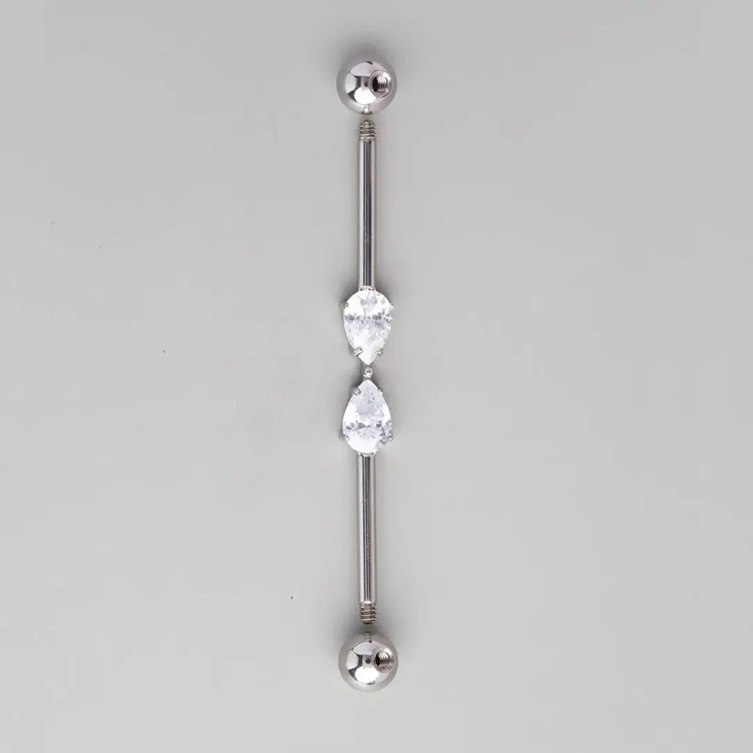 Industrial Barbell Set 2 Tear Drop CZ in Silver  - Titanium - Camden Body Jewellery