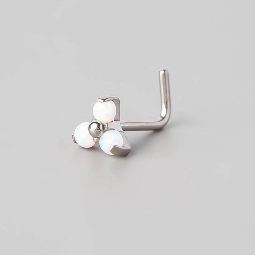 L-Shape Triple Stone Nose Stud in White Opal - Titanium - Camden Body Jewellery