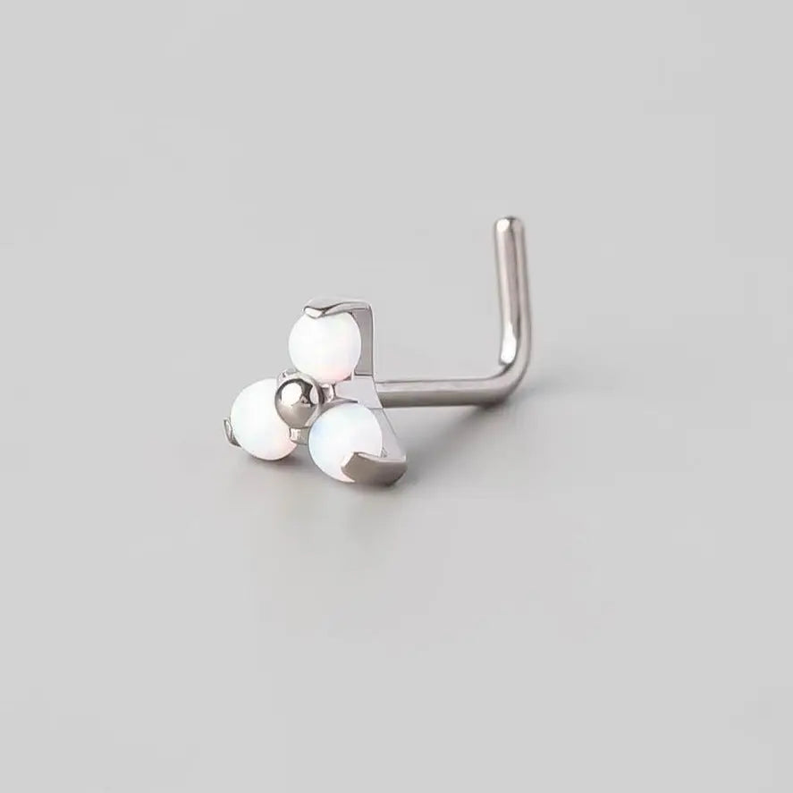 L-Shape Triple Stone Nose Stud in White Opal - Titanium