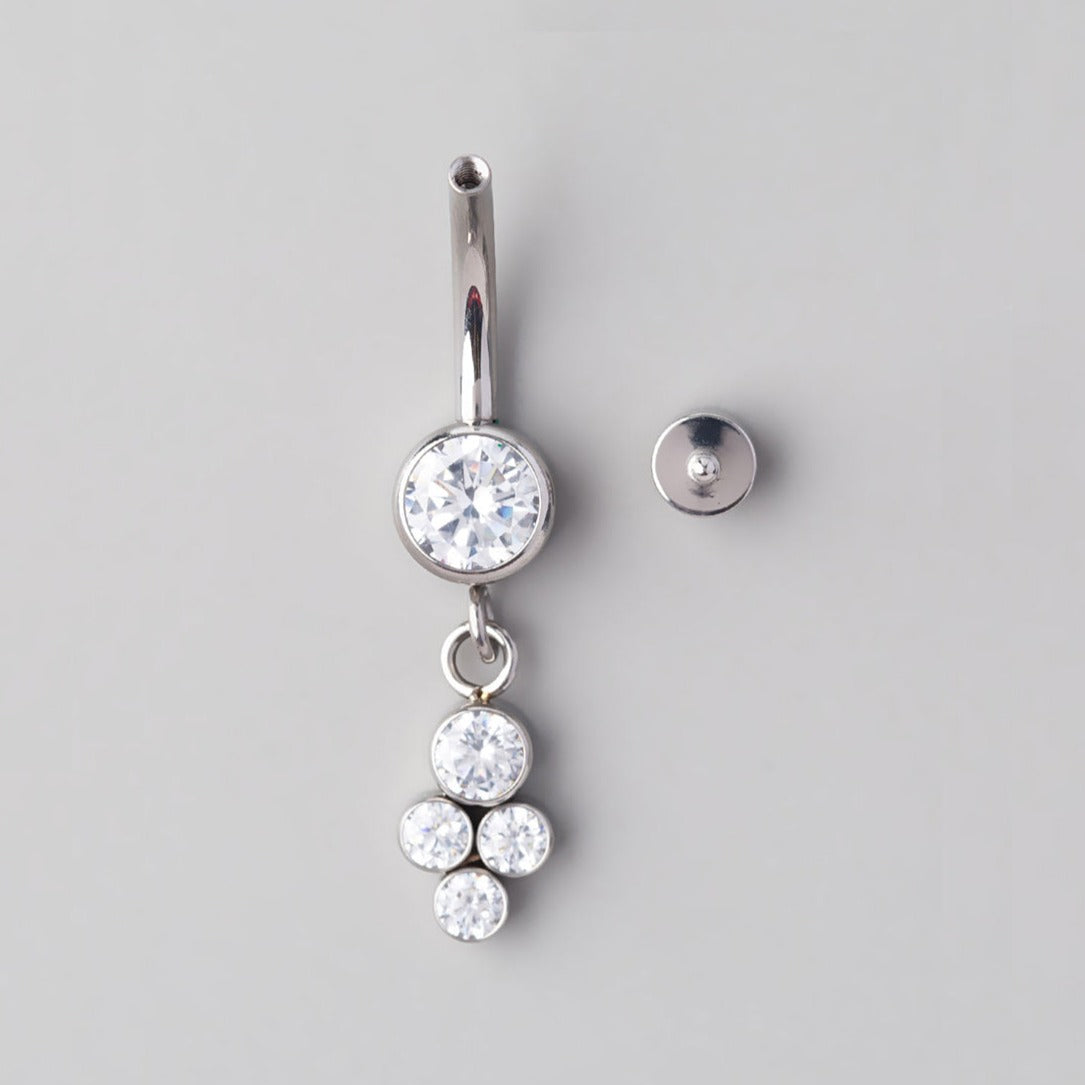 Bezel Set 4 CZ Dangle Belly Bar - Titanium - Camden Body Jewellery